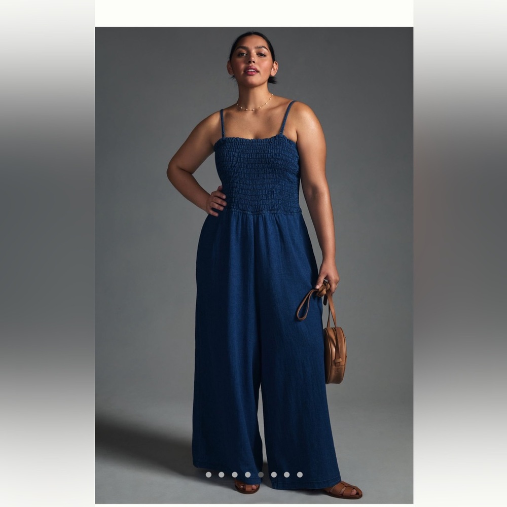 Anthropologie Navy Blue Smocked Wide-Leg Jumpsuit